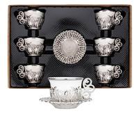 Alisveristime Turkish Coffee Cup Set, White Porcelain and Zinc Metal with Turkish Motifs, 6 Cups and Saucers (Silver)