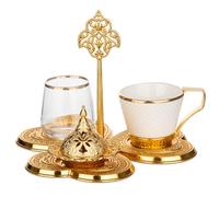 Alisveristime Turkish Coffee Serving Set for One - Includes Cup, Water Glass, Delight Bowl and Zamac Tray - Elegant Ottoman Style Presentation (Gold)
