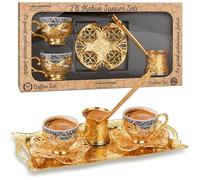 Alisveristime Turkish Coffee Set for Two, 2 Topkapi Design Porcelain Cups with Zamac Holders and Saucers, Metal Tray, Lale Motif Zamac Coffee Pot (Topkapi-Design) (Gold)