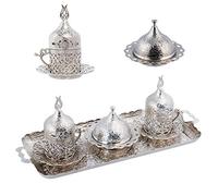 Alisveristime Turkish Coffee Set for Two - Authentic Ottoman Style Cups, Saucers, and Serving Tray with Lale Motifs (Acur) (Silver)