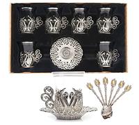 Alisveristime Turkish Handmade Tea Glasses with Saucer and Spoon Set of 6 (Ottoman) (Silver)