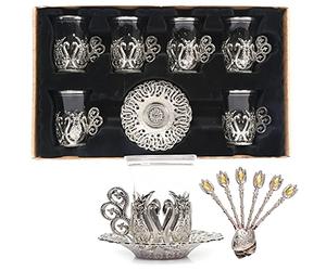 Alisveristime Turkish Handmade Tea Glasses with Saucer and Spoon Set of 6 (Ottoman) (Silver)