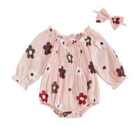 AliveBabe 2-Piece Baby Girls Set Long Sleeve Floral Print Square Neck Smocked Ruffled Romper Bow Headband Adorable Outfits (Pink, 0-3 Months)