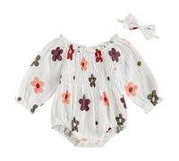 AliveBabe 2-Piece Baby Girls Set Long Sleeve Floral Print Square Neck Smocked Ruffled Romper Bow Headband Adorable Outfits (White, 3-6 Months)