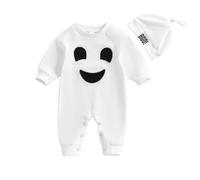 AliveBabe 2Pcs Baby Halloween Outfit Baby Pumpkin Outfit Long Sleeve Round Neck Ghost Jumpsuit With Hat Set Infant Newborn Clothes (White, 12-18 Months)