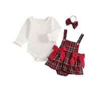 AliveBabe 3Pcs Baby Girls Christmas Outfits Long Sleeve Tops + Suspender Romper Dress + Headband Set Infant Christmas Outfit Newborn Clothes Set (Red, 6-12 Months)