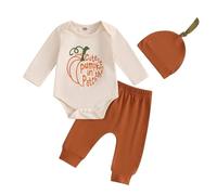 AliveBabe 3Pcs Baby Halloween Outfit My First Halloween Baby Boy Clothes Long Sleeve Letter Romper + Pants + Top Knot Hat Set (Ivory, 3-6 Months)