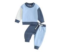 AliveBabe Baby Clothes Newborn Clothing Boy Girl outfits Contrast Color Long Sleeve Pullover Elastic Waist Pants 2Pcs Warm Outfit Fall Winter (Blue White, 6-12 Months)