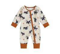 AliveBabe Baby Clothing Newborn Baby Clothes Boy Zipper Romper Casual Western Cowboy Print Long Sleeve Jumpsuit Infant Fall Bodysuit (Apricot, 3-6 Months)