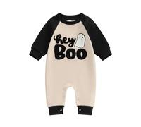 AliveBabe Baby Clothing Newborn Baby Clothes Halloween Romper Long Sleeve Crew Neck Letter Ghost/Letter Pumpkin Embroidery Jumpsuit (Black, 3-6 Months)