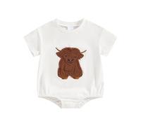 AliveBabe Baby Clothing Summer Romper Outfit Highland Cow Embroidery Short Sleeve Newborn Bodysuit Jumpsuit For Toddler Boy Girls Cute Clothes (White, 0-3 Months)