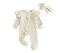 AliveBabe Baby Girl Clothes New Born Baby Clothing Solid Color Flying Sleeve Ruffled Zipper Romper With Bow Headband Infant Jumpsuit (Beige, Newborn)