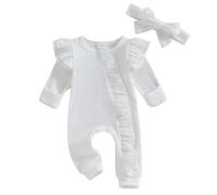 AliveBabe Baby Girl Clothes New Born Baby Clothing Solid Color Flying Sleeve Ruffled Zipper Romper With Bow Headband Infant Jumpsuit (White, Newborn)