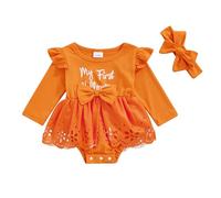 AliveBabe Baby Girl Halloween Outfit Inafnt Newborn Romper Letter Print Ruffle Long Sleeve Romper Dress Bow Headband 2 Piece Set (Orange, 3-6 Months)