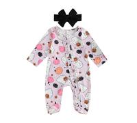 AliveBabe Baby Girl Halloween Outfit Pumpkin Ghost Print Crew Neck Long Sleeve Footed Romper With Headband 2 Pcs Newborn Baby Clothing Set (Pink, 0-3 Months)