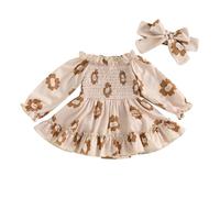 AliveBabe Baby Girl Halloween Romper Dress Newborn Clothes Floral&Pumpkin Print Long Sleeve Shirred Jumpsuit With Headband 2Pcs Outfit (Khaki, 6-12 Months)