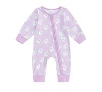 AliveBabe Baby Girl Halloween Romper Ghost Print Zipper Front Long Sleeve Crew Neck Full Length Jumpsuit Bodyusit Newborn Clothes Clothing (Purple, 0-3 Months)