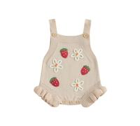AliveBabe Baby Girl Knit Romper baby girl clothes Crochet Flower Strawberry Sleeveless Square Neck Jumpsuit Sweater Bodysuit (Beige, 0-3 Months)
