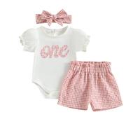 AliveBabe Baby Girls Clothes New Born Shorts Set Flower Print Short Sleeve Romper + Shorts + headband 3pcs Summer Outfit Infant Clothing (B Pink, 12-18 Months)