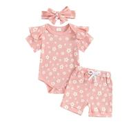 AliveBabe Baby Girls Clothes New Born Shorts Set Flower Print Short Sleeve Romper + Shorts + headband 3pcs Summer Outfit Infant Clothing (Pink, 6-12 Months)
