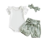 AliveBabe Baby Girls Clothes New Born Shorts Set Flower Print Short Sleeve Romper + Shorts + headband 3pcs Summer Outfit Infant Clothing (Ribbed Green, 3-6 Months)