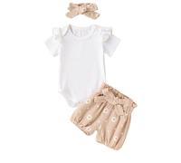AliveBabe Baby Girls Clothes New Born Shorts Set Flower Print Short Sleeve Romper + Shorts + headband 3pcs Summer Outfit Infant Clothing (Ribbed Khaki, 0-3 Months)