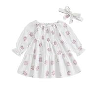 AliveBabe Baby Girls' Dresses Baby Girl Clothes Off Shoulder Long Sleeve Floral Print Smocked Dress with Headband Infant Toddler Dress (White Dress, 6-12 Months)