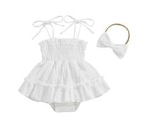 AliveBabe Baby Girls Romper Dress One-piece Jumpsuit Solid Color Sleeveless Adjustable Shoulder Strap Romper With Headband Set Newborn Clothing Summer (White, 12-18 Months)