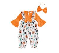 AliveBabe Baby Romper My First Halloween Outfit Pumpkin Ghost Print Flared Long Sleeves Jumpsuits And Cute Headband Cute Newborn Girl Clothes (Orange, 12-18 Months)