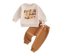 AliveBabe Halloween Baby Clothes Toddler Pants Set Letters Print Long Sleeve Crew Neck Sweatshirt With Elastic Waist Sweatpants Halloween Clothes (Beige, 18-24 Months)