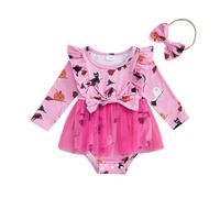 AliveBabe Halloween Baby Outfit Newborn Girl Romper Dress Long Sleeve O Neck Pumpkin Ghost Print Romper With Headband My First Halloween Outfit (Pink, 12-18 Months)