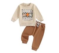 AliveBabe Halloween Baby Outfit Toddler Boy Clothing Set Letter&Ghost Print Long Sleeve Round Neck Sweatshirt And Solid Color Pants 2 Pcs Set (Beige, 2-3T)