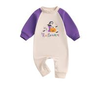 AliveBabe Halloween Baby Romper Newborn Clothing Infant Clothes Letter Pumpkin Embroidery Long Sleeve Crew Neck Full Length Jumpsuit (Purple, 3-6 Months)
