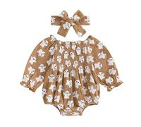 AliveBabe Halloween Newborn Girl Outfit Baby Girl Romper Long Sleeve Crew Neck Ghost Print Romper With Hairband Halloween Clothes (Khaki, 6-12 Months)