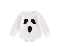 AliveBabe Halloween Newborn Sweatshirt Romper Baby Clothes Pumpkin/Ghost Embroidery Baby Long Sleeve Jumpsuit Infant Clothing (White, 0-3 Months)