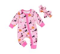 AliveBabe Halloween Romper Baby Girl Clothes Pumpkin Broom Print Long Sleeve Jumpsuit And Hat Cute Newborn Girl Halloween Outfit (Pink, 0-3 Months)