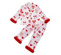 AliveBabe Kids Girl Pajamas Set Print Button Long Sleeves Shirt And Elastic Pants Lounge Set Sleepwear Baby Sleepsuits (Bow Hearts Red, 8-9 Years)