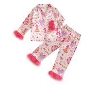 AliveBabe Kids Girl Pajamas Set Print Button Long Sleeves Shirt And Elastic Pants Lounge Set Sleepwear Baby Sleepsuits (Birthday Pink, 8-9 Years)