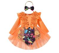 AliveBabe My First Halloween Outfit Baby Girl Romper Dress Long Sleeve O Neck Tulle Patchwork Romper With Headband Newborn Girl Clothes (Orange, 6-9 Months)