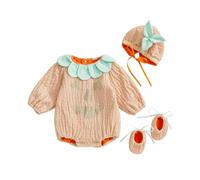 AliveBabe My First Halloween Outfit Baby Girl Romper Pumpkin Newborn Girl Clothes Bow Ruffled Round Neck Long Sleeve Jumpsuit With Hat And Socks (Orange, 6-12 Months)