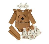 AliveBabe My First Halloween Outfit Baby Girls Clothes Letter Print Long Sleeves Romper And Skort Cute Headband Socks Set Fashion (Brown, 6-9 Months)