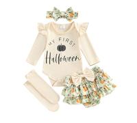 AliveBabe My First Halloween Outfit Baby Girls Clothes Letter Print Long Sleeves Romper And Skort Cute Headband Socks Set Fashion (Beige, 0-3 Months)