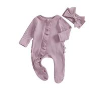 AliveBabe New Born Footed Romper Baby Girl Long Sleeve Round Neck Daisy Print Ruffled Full Length Jumpsuit With Headband Baby Clothing (Solid Color Purple, Newborn)