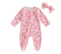 AliveBabe New Born Footed Romper Baby Girl Long Sleeve Round Neck Daisy Print Ruffled Full Length Jumpsuit With Headband Baby Clothing (Pink, 3-6 Months)