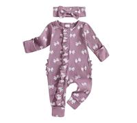 AliveBabe New Born Footed Romper Baby Girl Long Sleeve Round Neck Daisy Print Ruffled Full Length Jumpsuit With Headband Baby Clothing (Bow Purple, Newborn)