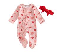 AliveBabe New Born Footed Romper Baby Girl Long Sleeve Round Neck Daisy Print Ruffled Full Length Jumpsuit With Headband Baby Clothing (Hearts Bow Pink, 0-3 Months)