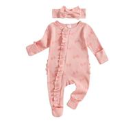 AliveBabe New Born Footed Romper Baby Girl Long Sleeve Round Neck Daisy Print Ruffled Full Length Jumpsuit With Headband Baby Clothing (Bow Pink, Newborn)