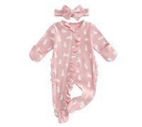 AliveBabe New Born Footed Romper Baby Girl Long Sleeve Round Neck Daisy Print Ruffled Full Length Jumpsuit With Headband Baby Clothing (A Pink, 0-1 Month)
