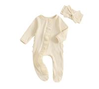 AliveBabe New Born Footed Romper Baby Girl Long Sleeve Round Neck Daisy Print Ruffled Full Length Jumpsuit With Headband Baby Clothing (Solid Color Apricot, 0-3 Months)