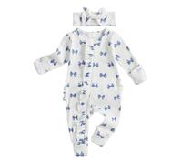 AliveBabe New Born Footed Romper Baby Girl Long Sleeve Round Neck Daisy Print Ruffled Full Length Jumpsuit With Headband Baby Clothing (Bow White, 3-6 Months)